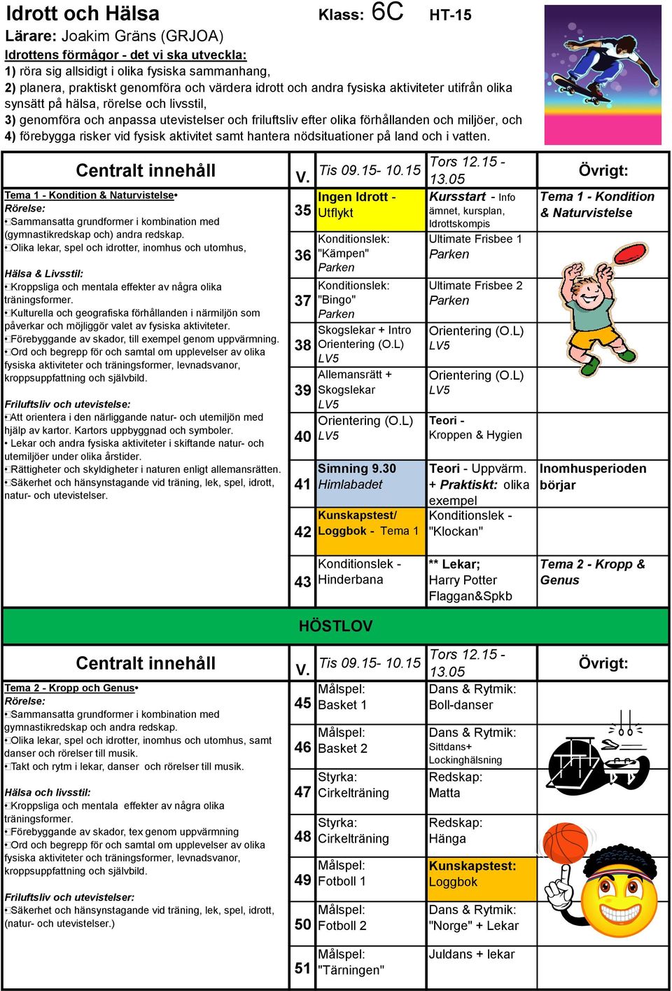 Förebyggande av skador, till exempel genom uppvärmning. Friluftsliv och utevistelse: Att orientera i den närliggande natur- och utemiljön med hjälp av kartor. Kartors uppbyggnad och symboler.