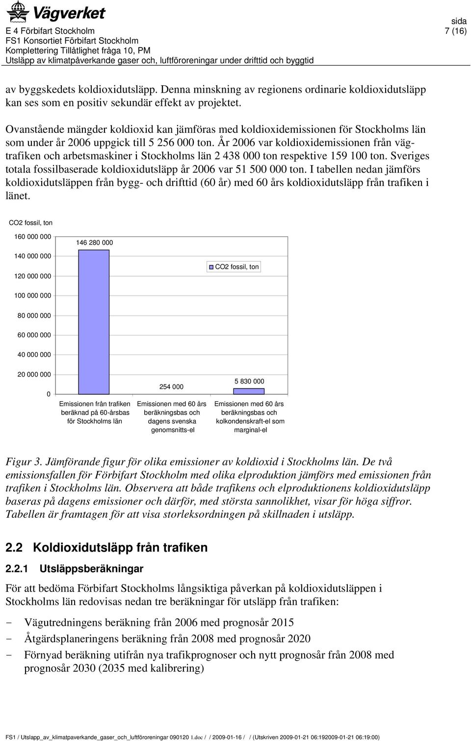 År 2006 var koldioxidemissionen från vägtrafiken och arbetsmaskiner i Stockholms län 2 438 000 ton respektive 159 100 ton. Sveriges totala fossilbaserade koldioxidutsläpp år 2006 var 51 500 000 ton.