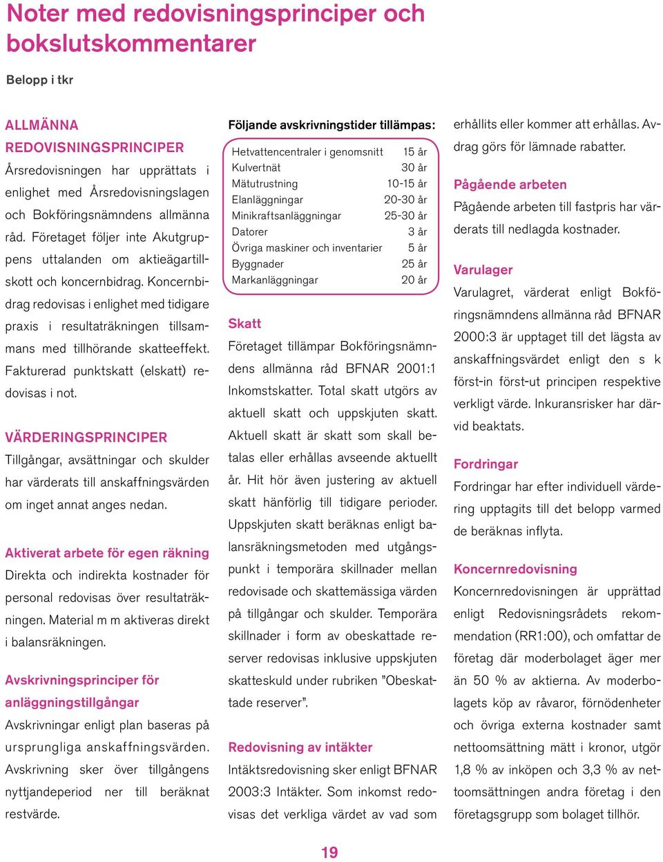 Koncernbidrag redovisas i enlighet med tidigare praxis i resultaträkningen tillsammans med tillhörande skatteeffekt. Fakturerad punktskatt (elskatt) redovisas i not.