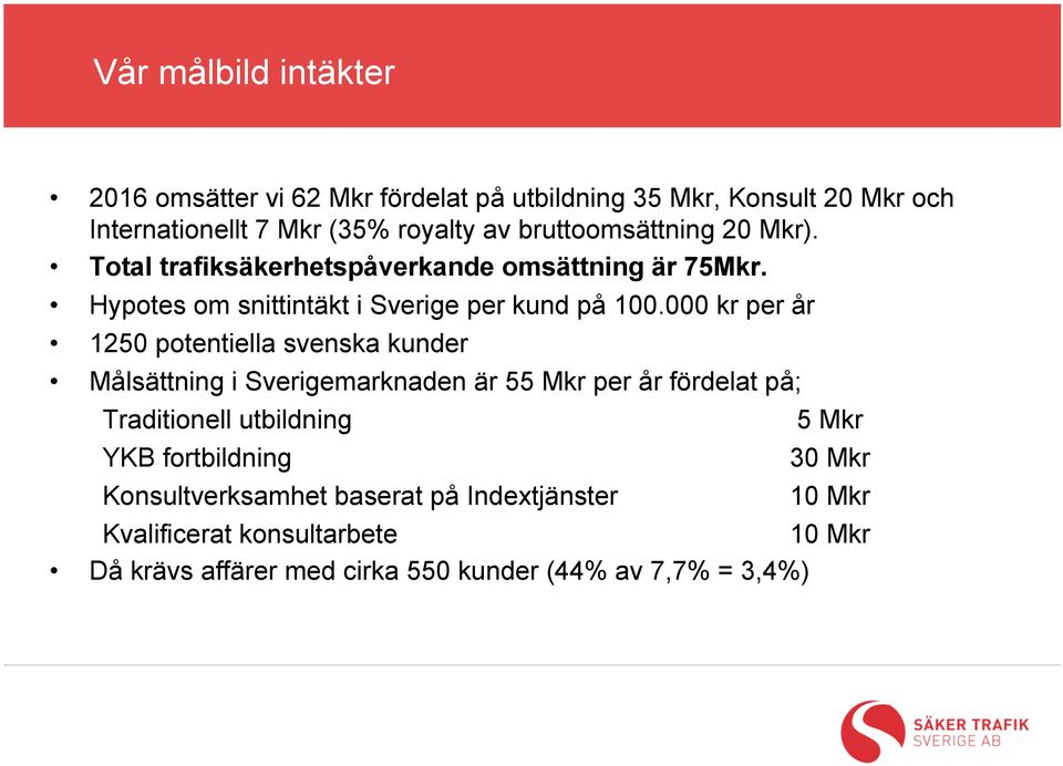 000 kr per år 1250 potentiella svenska kunder Målsättning i Sverigemarknaden är 55 Mkr per år fördelat på; Traditionell utbildning YKB