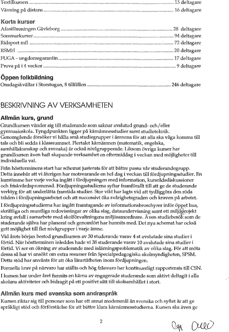 .. 246 deltagare BESKRIVNING AV VERKSAMHETEI\J Allmän kurs, grund Grundkursen vänder sig till studerande som saknar avslutad grund- och/eller gymnasieskola.