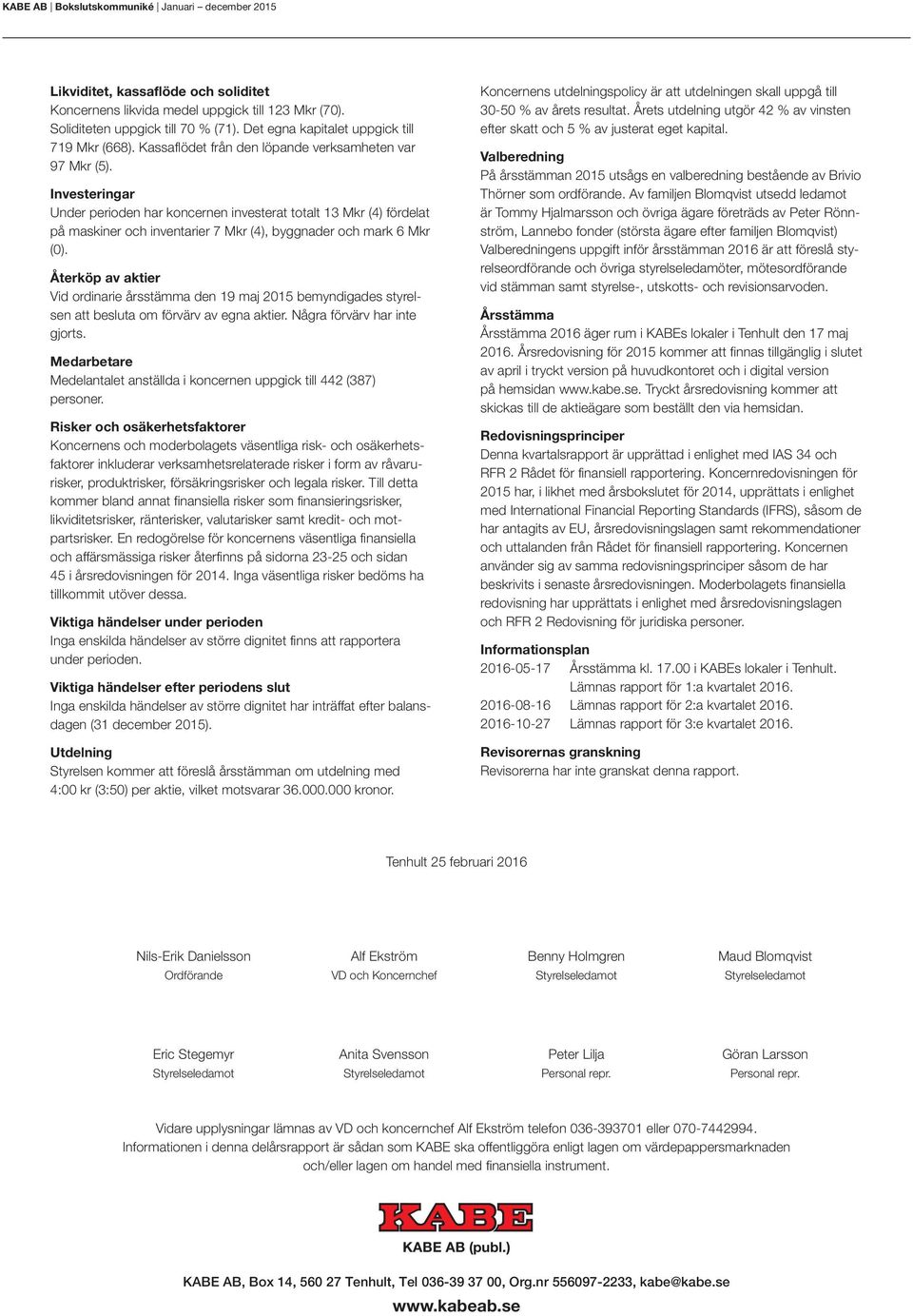 Investeringar Under perioden har koncernen investerat totalt 13 Mkr (4) fördelat på maskiner och inventarier 7 Mkr (4), byggnader och mark 6 Mkr (0).