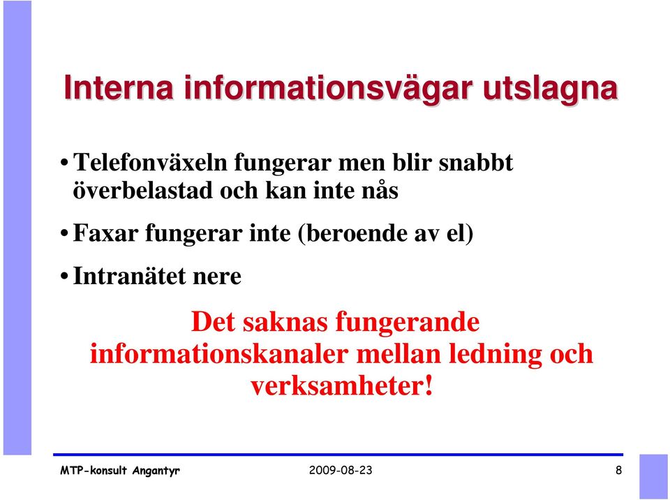 fungerar inte (beroende av el) Intranätet nere Det saknas