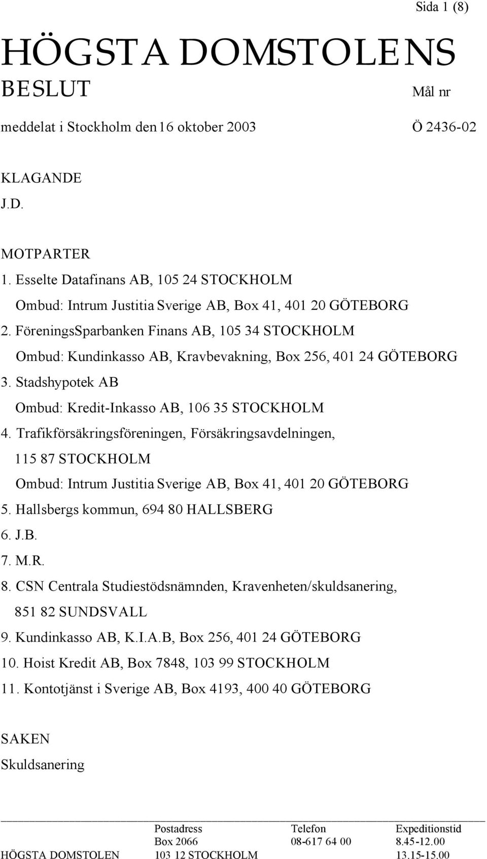 FöreningsSparbanken Finans AB, 105 34 STOCKHOLM Ombud: Kundinkasso AB, Kravbevakning, Box 256, 401 24 GÖTEBORG 3. Stadshypotek AB Ombud: Kredit-Inkasso AB, 106 35 STOCKHOLM 4.