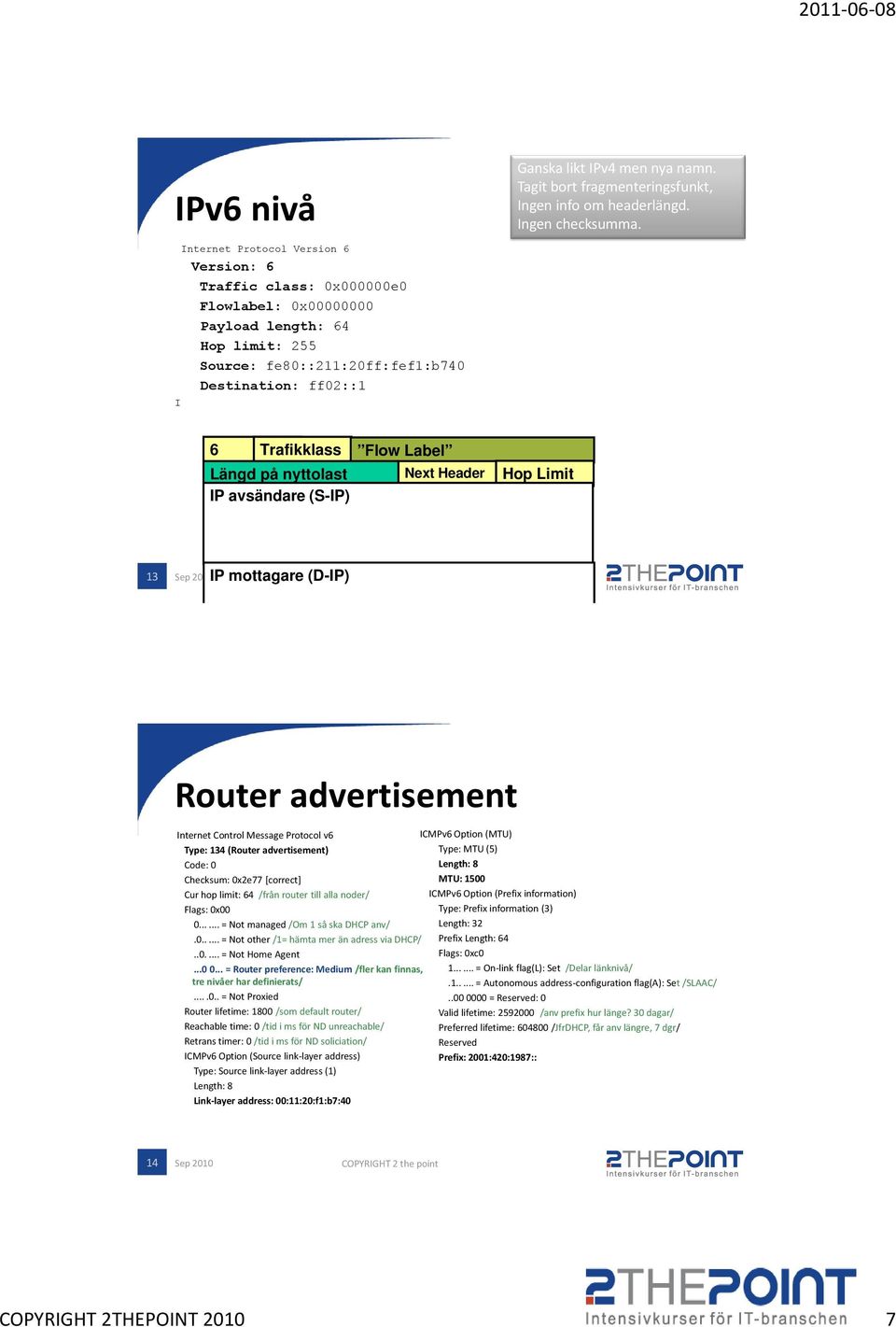 6 Trafikklass Flow Label Längd på nyttolast Next Header IP avsändare (S-IP) Hop Limit 13 IP mottagare (D-IP) Router advertisement Internet Control Message Protocol v6 Type: 134 (Router advertisement)