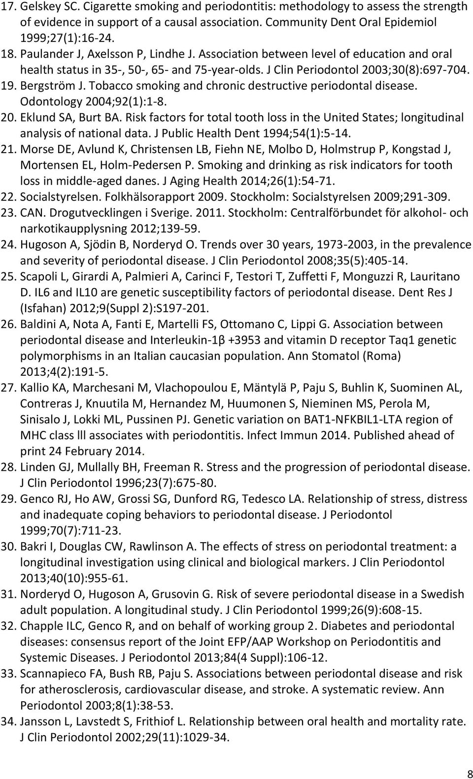 Tobacco smoking and chronic destructive periodontal disease. Odontology 2004;92(1):1-8. 20. Eklund SA, Burt BA.