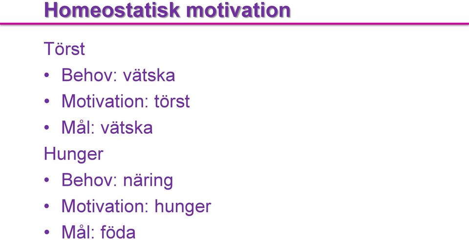 törst Mål: vätska Hunger