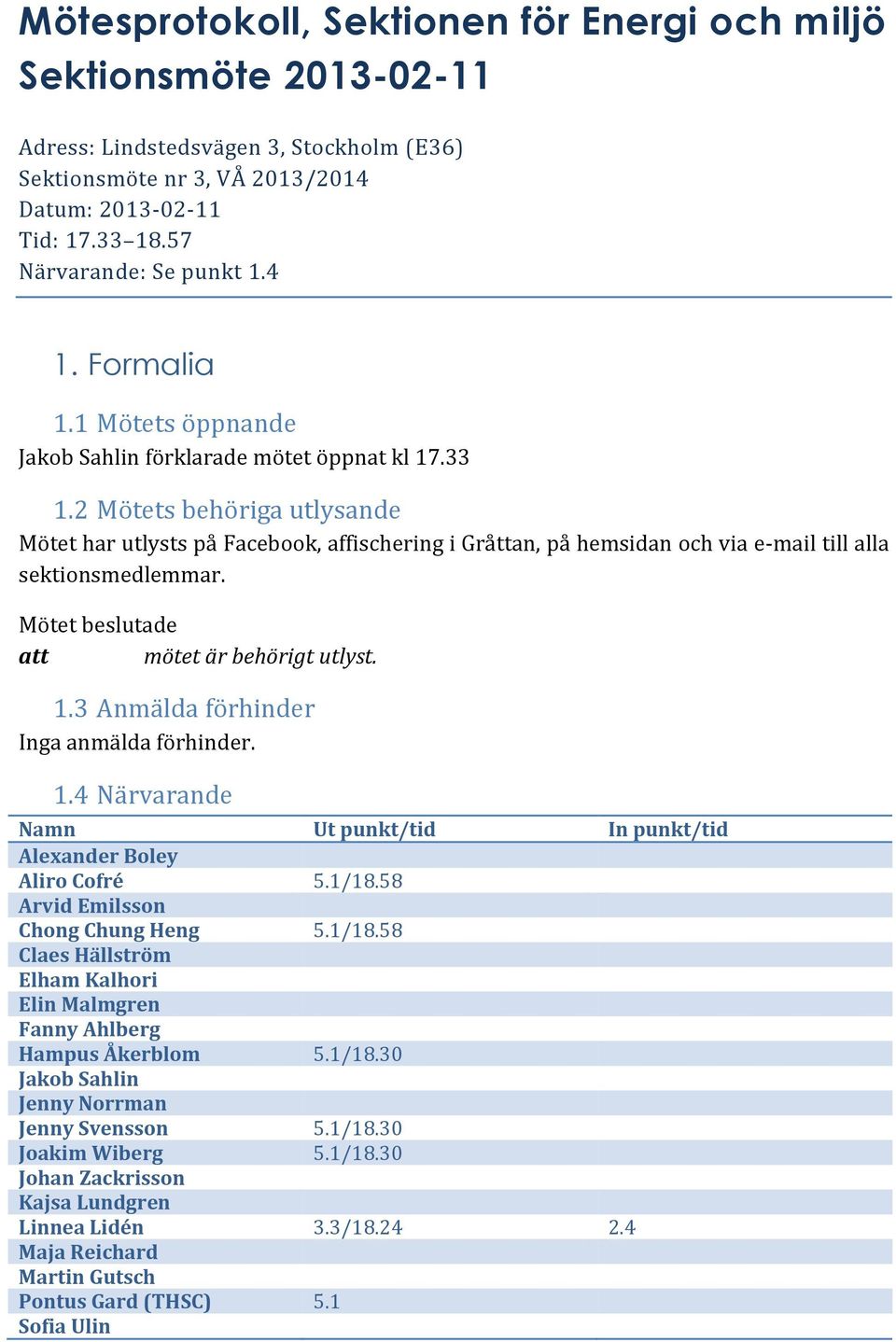 2 Mötets behöriga utlysande Mötet har utlysts på Facebook, affischering i Gråttan, på hemsidan och via e-mail till alla sektionsmedlemmar. att mötet är behörigt utlyst. 1.