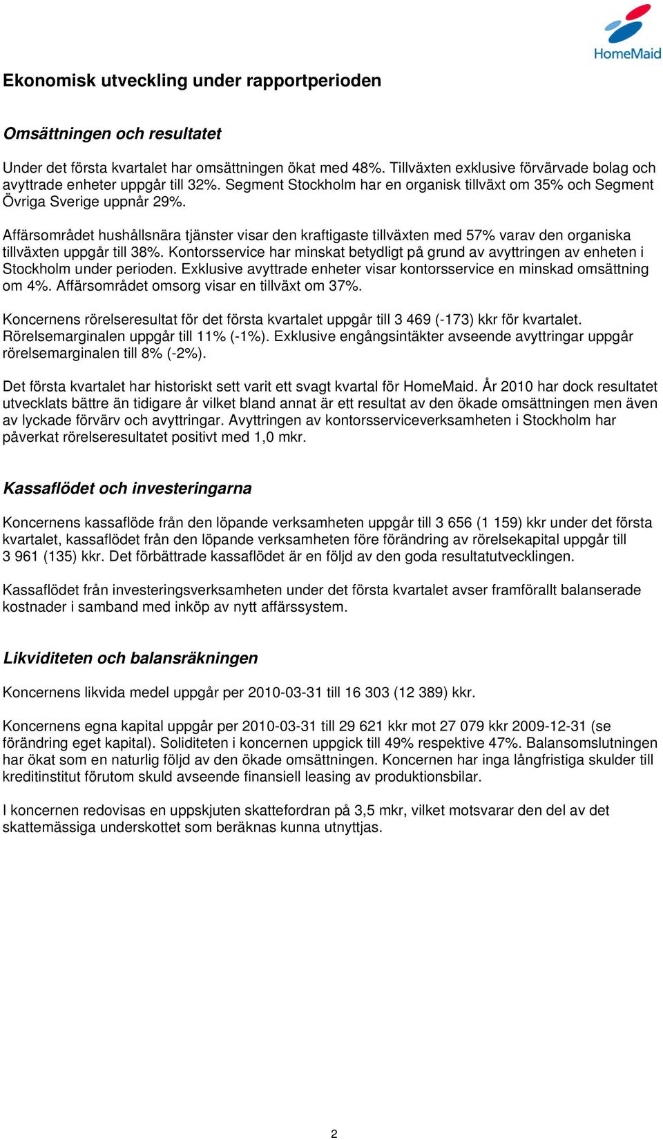 Affärsområdet hushållsnära tjänster visar den kraftigaste tillväxten med 57% varav den organiska tillväxten uppgår till 38%.