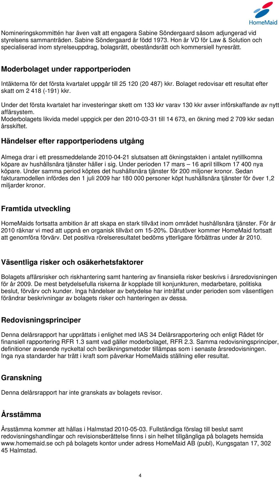 Moderbolaget under rapportperioden Intäkterna för det första kvartalet uppgår till 25 120 (20 487) kkr. Bolaget redovisar ett resultat efter skatt om 2 418 (-191) kkr.