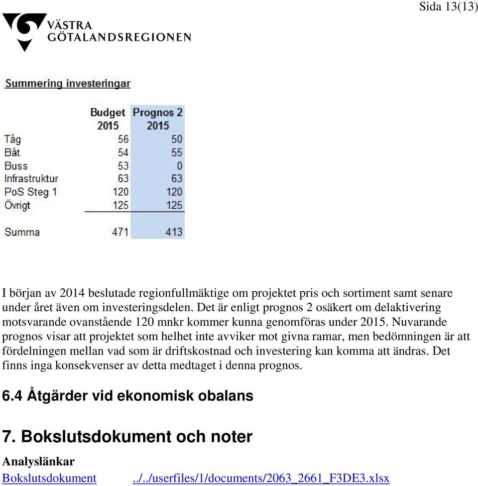 Nuvarande prognos visar att projektet som helhet inte avviker mot givna ramar, men bedömningen är att fördelningen mellan vad som är driftskostnad och