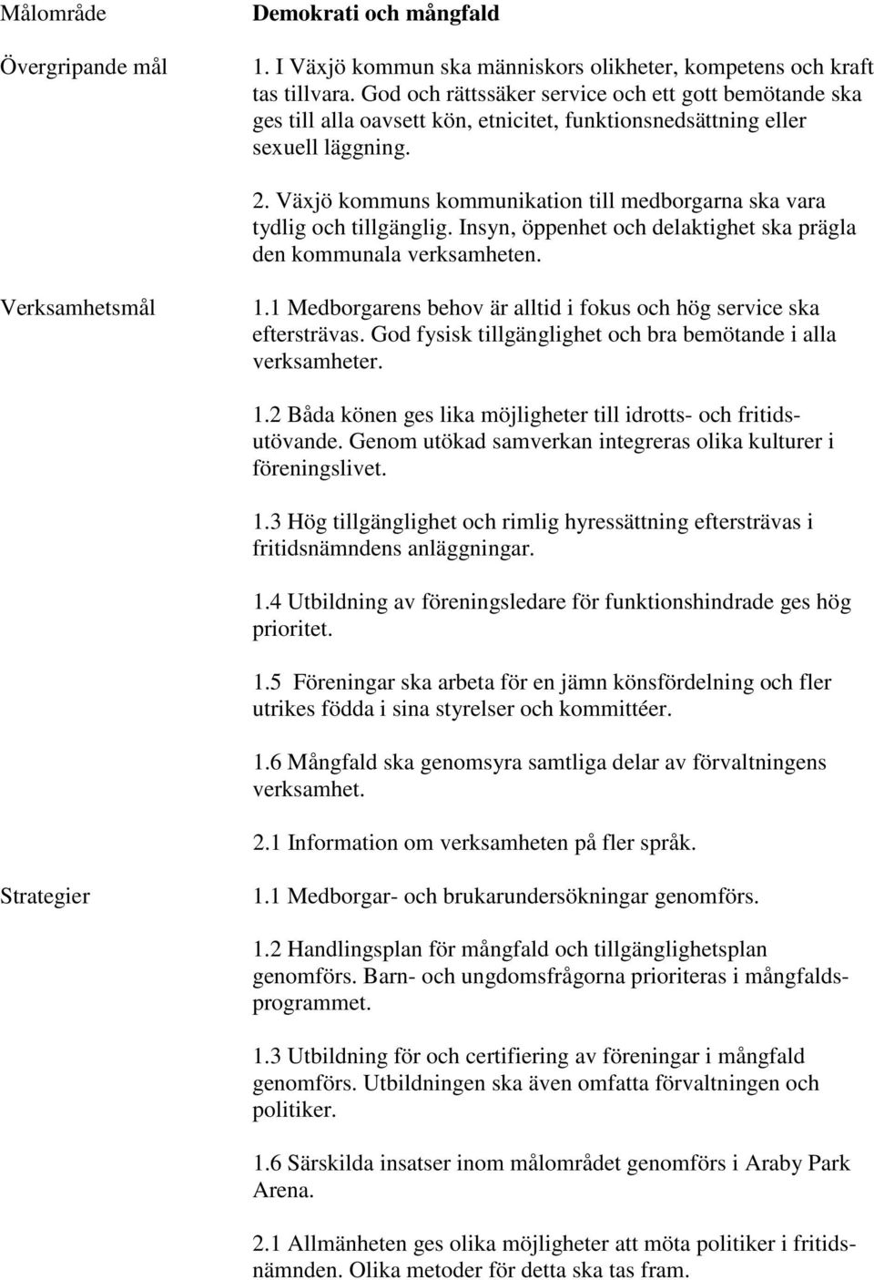 Växjö kommuns kommunikation till medborgarna ska vara tydlig och tillgänglig. Insyn, öppenhet och delaktighet ska prägla den kommunala verksamheten. Verksamhetsmål 1.