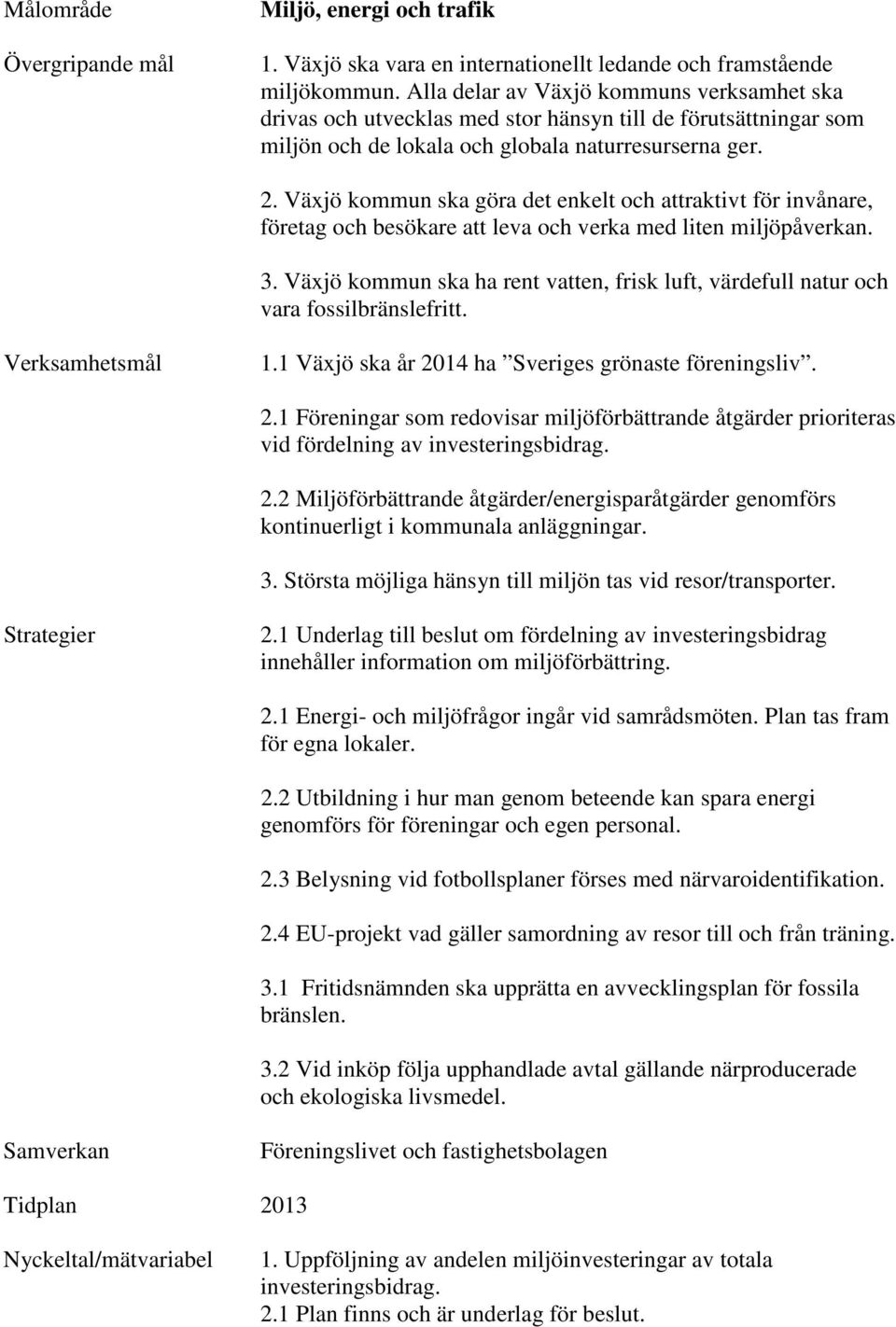 Växjö kommun ska göra det enkelt och attraktivt för invånare, företag och besökare att leva och verka med liten miljöpåverkan. 3.