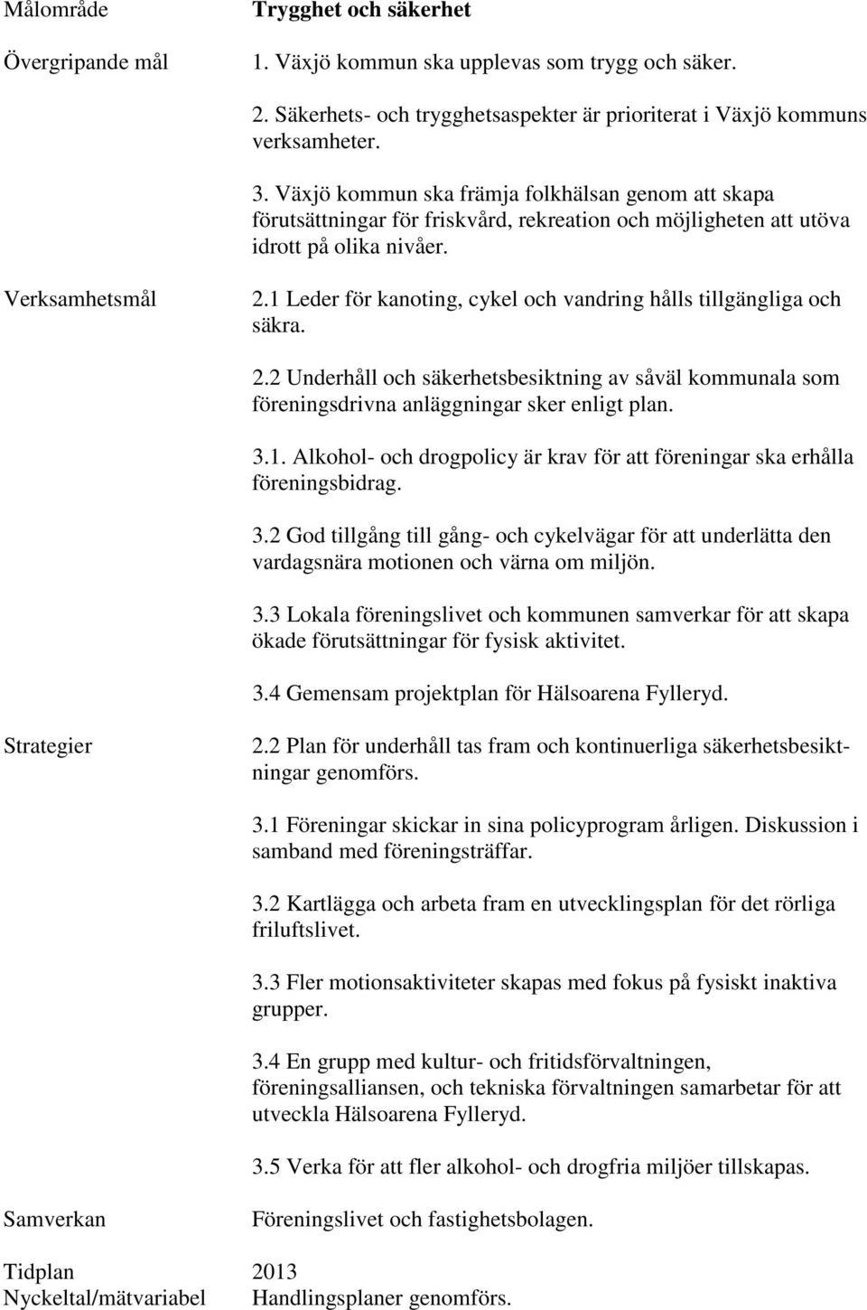 1 Leder för kanoting, cykel och vandring hålls tillgängliga och säkra. 2.2 Underhåll och säkerhetsbesiktning av såväl kommunala som föreningsdrivna anläggningar sker enligt plan. 3.1. Alkohol- och drogpolicy är krav för att föreningar ska erhålla föreningsbidrag.