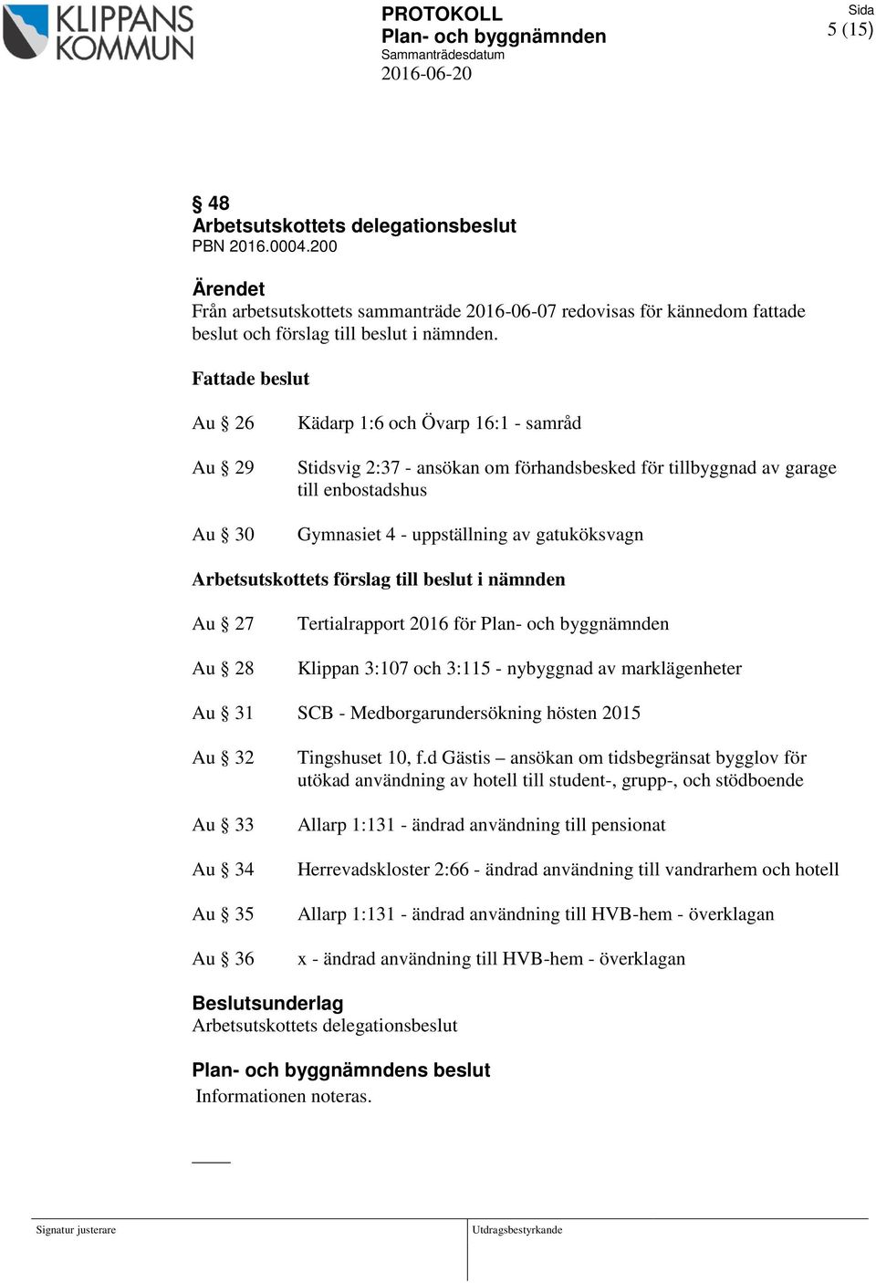 Arbetsutskottets förslag till beslut i nämnden Au 27 Au 28 Tertialrapport 2016 för Klippan 3:107 och 3:115 - nybyggnad av marklägenheter Au 31 SCB - Medborgarundersökning hösten 2015 Au 32 Au 33 Au