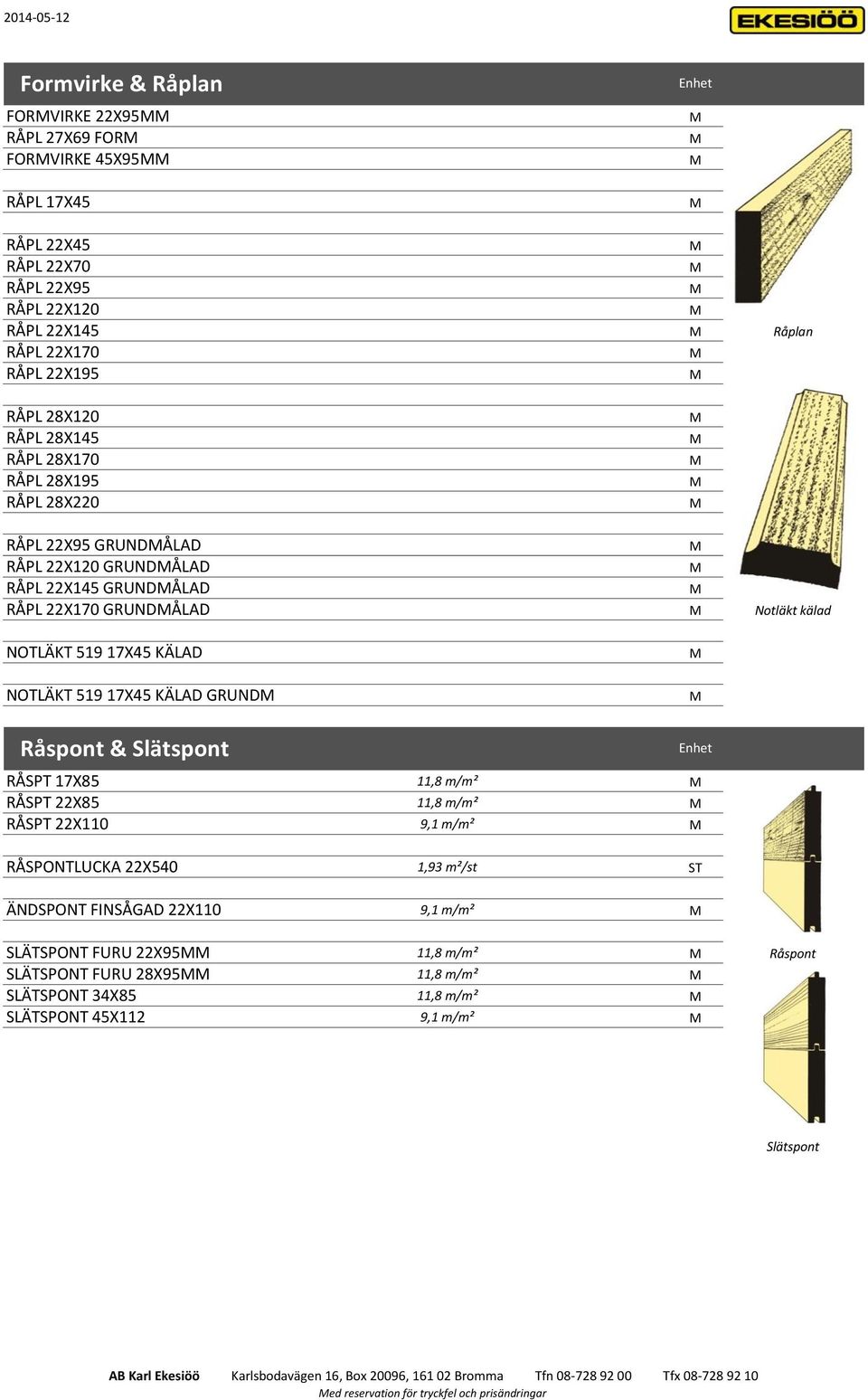 NOTLÄKT 519 17X45 KÄLAD GRUND Råspont & Slätspont RÅSPT 17X85 11,8 m/m² RÅSPT 22X85 11,8 m/m² RÅSPT 22X110 9,1 m/m² RÅSPONTLUCKA 22X540 1,93 m²/st ÄNDSPONT FINSÅGAD 22X110 9,1