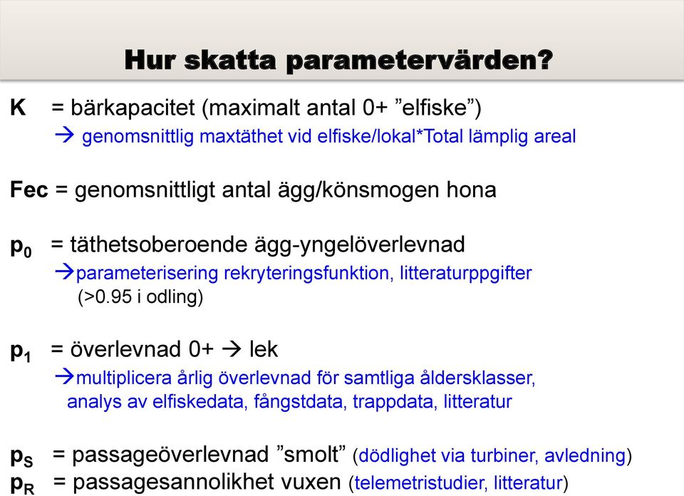 ägg/könsmogen hona p 0 p 1 = täthetsoberoende ägg-yngelöverlevnad parameterisering rekryteringsfunktion, litteraturppgifter (>0.