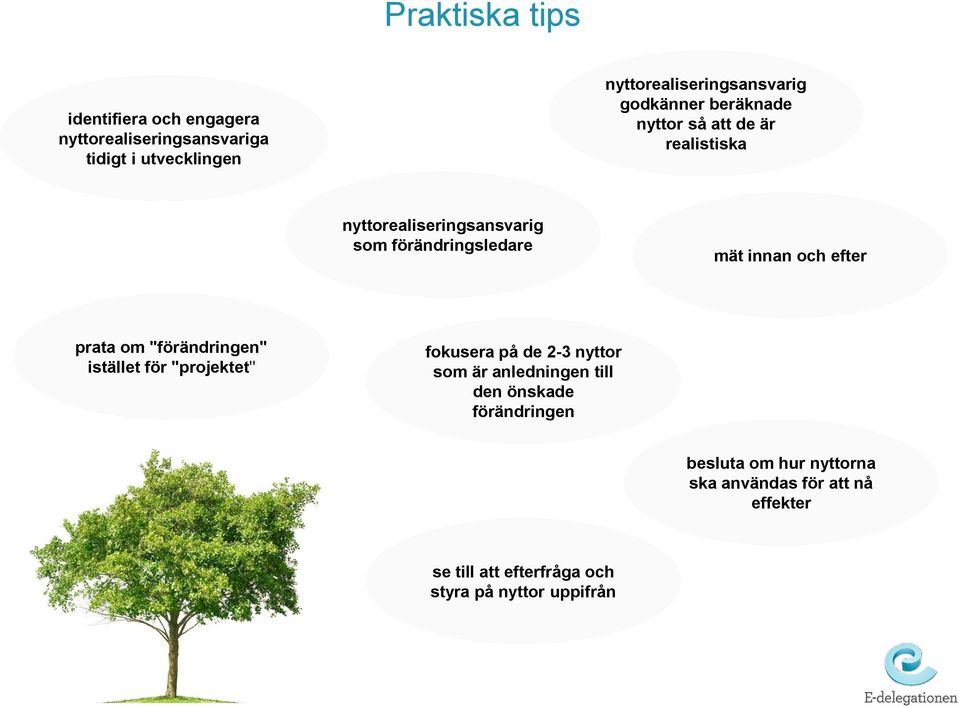 efter prata om "förändringen" istället för "projektet" fokusera på de 2-3 nyttor som är anledningen till den önskade