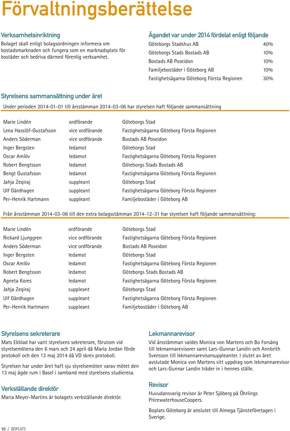 Regionen 30% Styrelsens sammansättning under året Under perioden 2014-01-01 till årsstämman 2014-03-06 har styrelsen haft följande sammansättning Marie Lindén ordförande Göteborgs Stad Lena