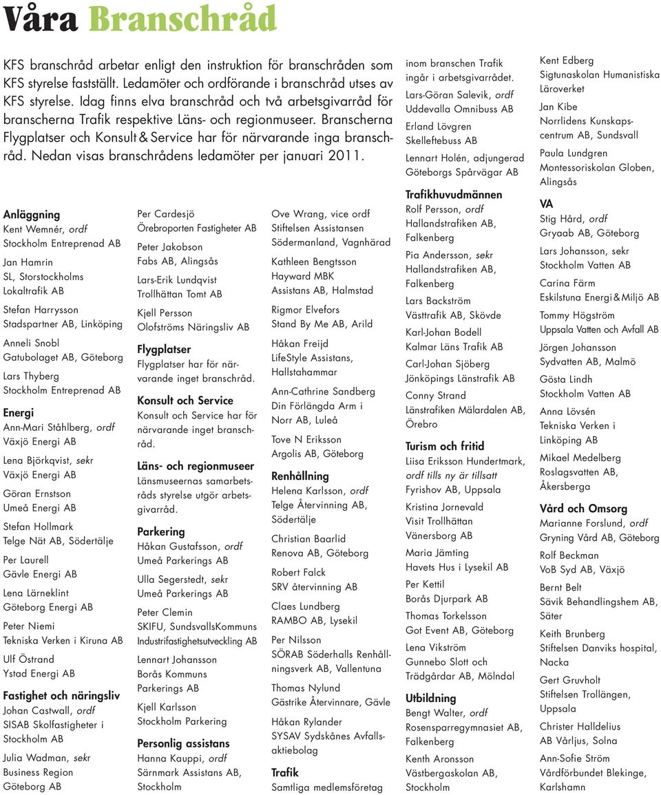 Nedan visas branschrådens ledamöter per januari 2011.