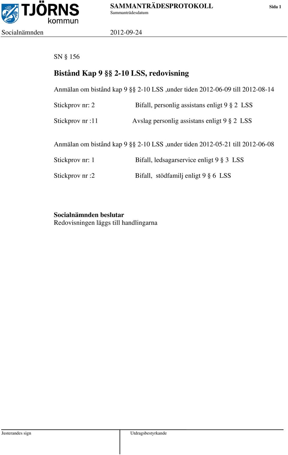 Avslag personlig assistans enligt 9 2 LSS Anmälan om bistånd kap 9 2-10 LSS,under tiden 2012-05-21 till 2012-06-08