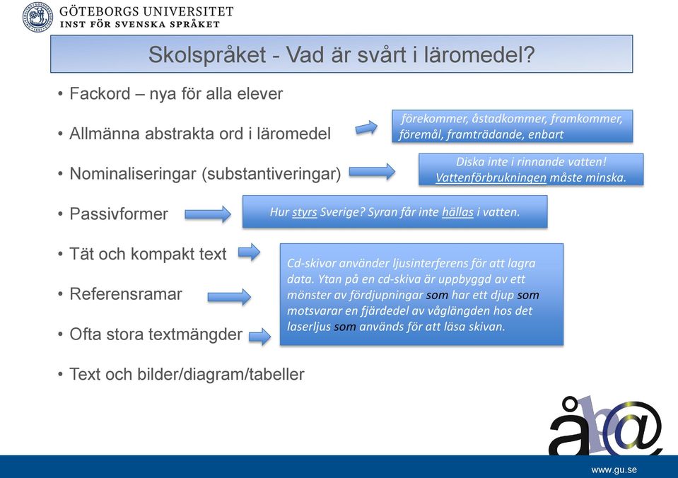 enbart Diska inte i rinnande vatten! Vattenförbrukningen måste minska. Passivformer Tät och kompakt text Referensramar Ofta stora textmängder Hur styrs Sverige?