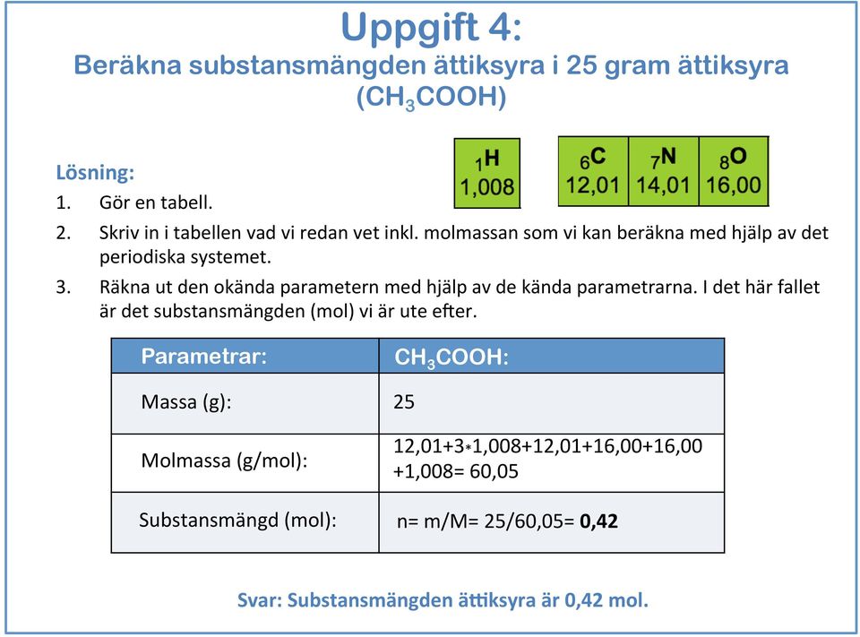 Räkna ut den okända parametern med hjälp av de kända parametrarna. I det här fallet är det substansmängden (mol) vi är ute eter.