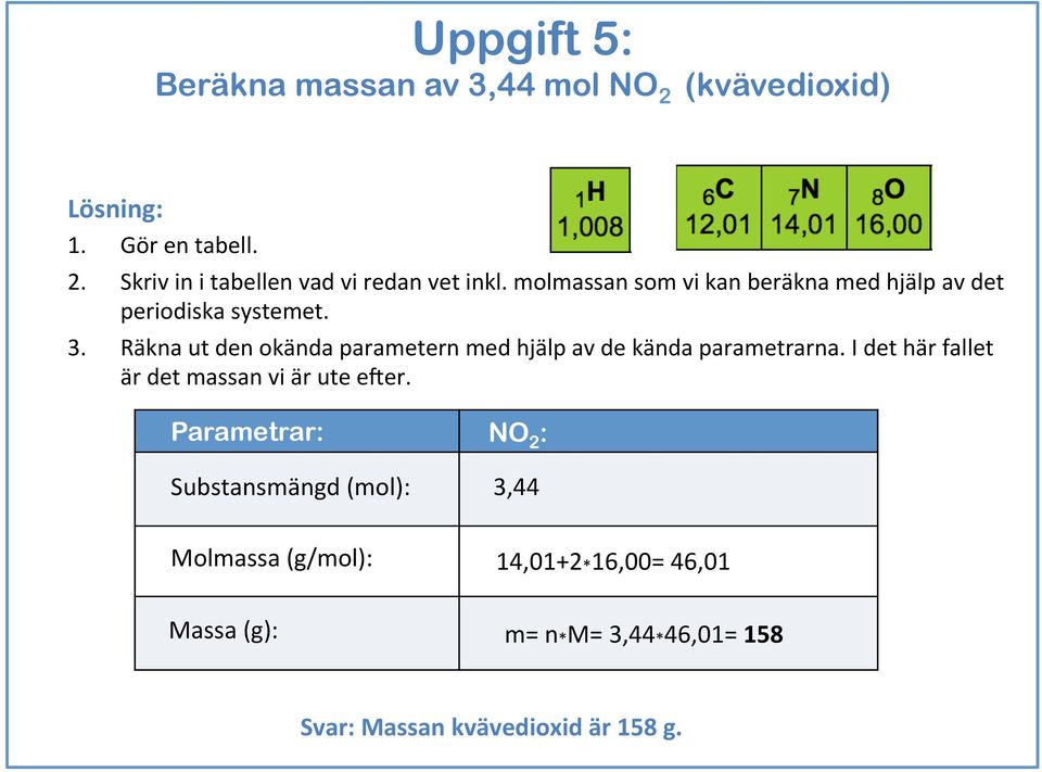 Räkna ut den okända parametern med hjälp av de kända parametrarna. I det här fallet är det massan vi är ute eter.