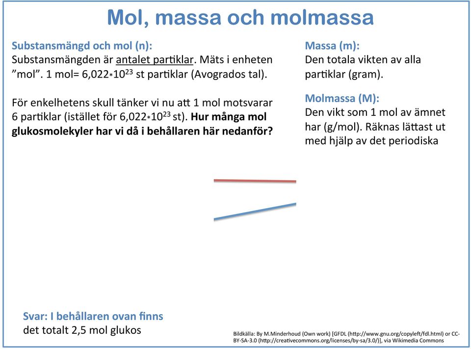 1 mol 1 mol 0,5 mol Svar: I behållaren ovan ﬁnns det totalt 2,5 mol glukos Massa (m): Den totala vikten av alla parwklar (gram).