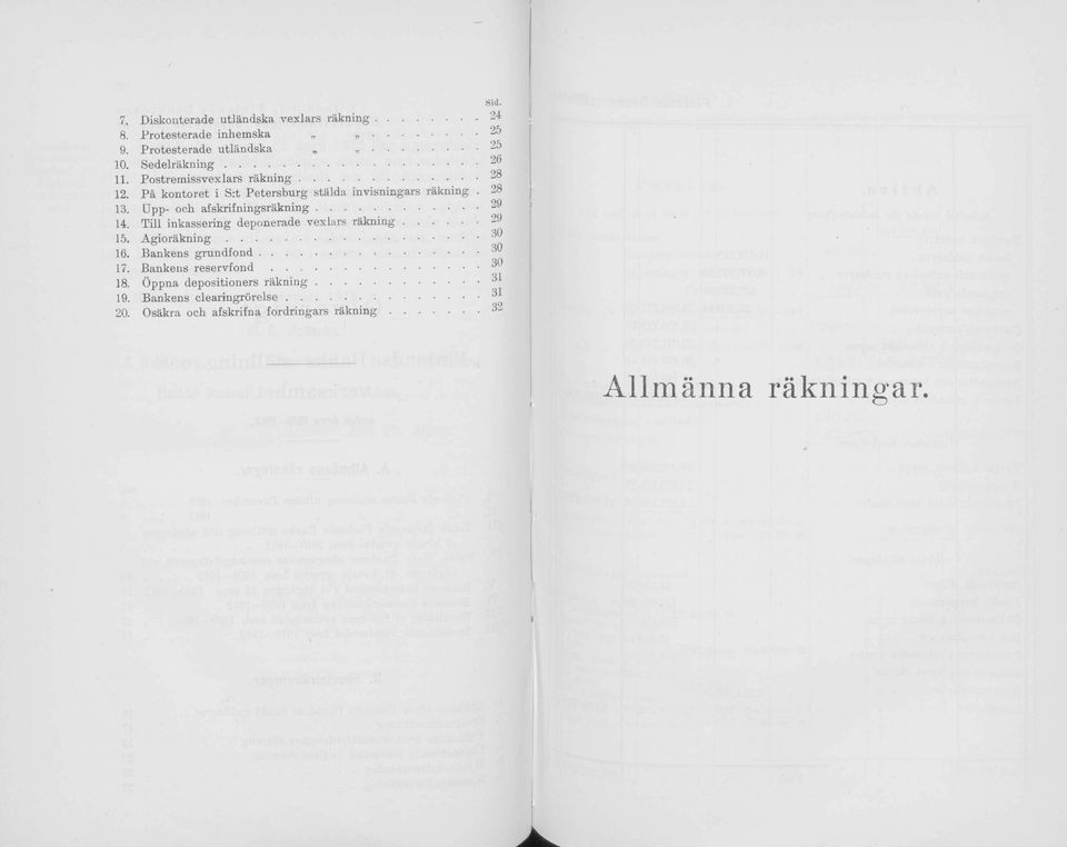 Tili inkassering depnerade vexlars r ä k n in g... 15. A g i r ä k n in g... 16. Bankens g ru n d f n d... 17. Bankens r e s e r v f n d... 18.