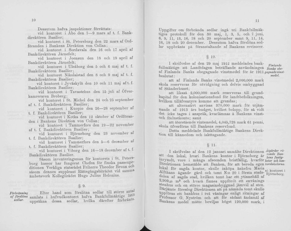 Järnefelt; vid kntret i Uleäbrg den 5 ch 6 maj af t. f. Bankdirektören Basilier; vid kntret Niklaistad den 8 ch 9 maj af t. f. Bankdirektören Basilier; vid kntret i Jyväskylä den 10 ch 11 maj aft. f. Bankdirektören Basilier; vid kntret i Tavastehus den 15 juli af fverkamreraren Brberg; vid kntret i St.