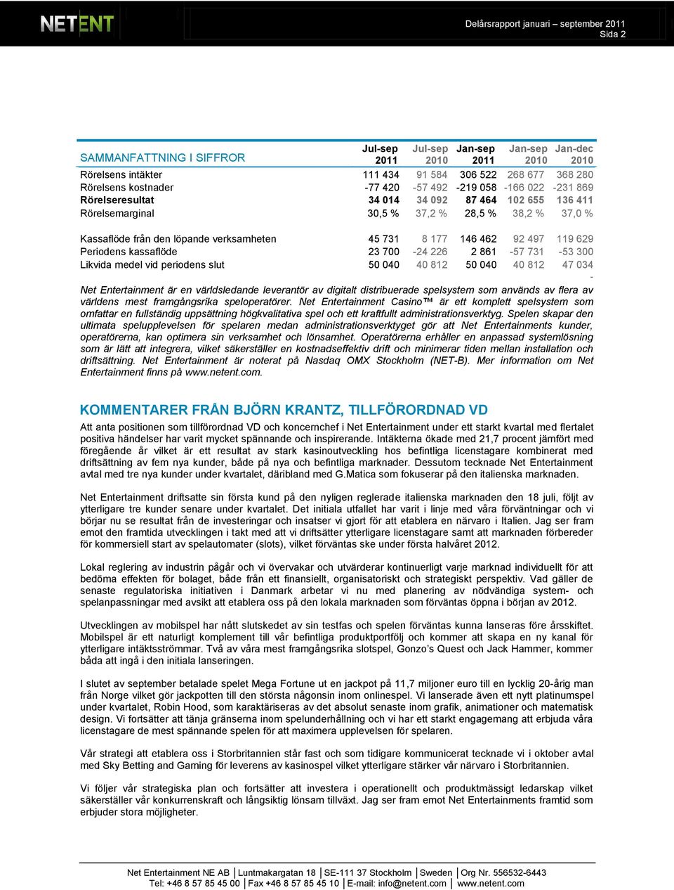 kassaflöde 23 700-24 226 2 861-57 731-53 300 Likvida medel vid periodens slut 50 040 40 812 50 040 40 812 47 034 - Net Entertainment är en världsledande leverantör av digitalt distribuerade