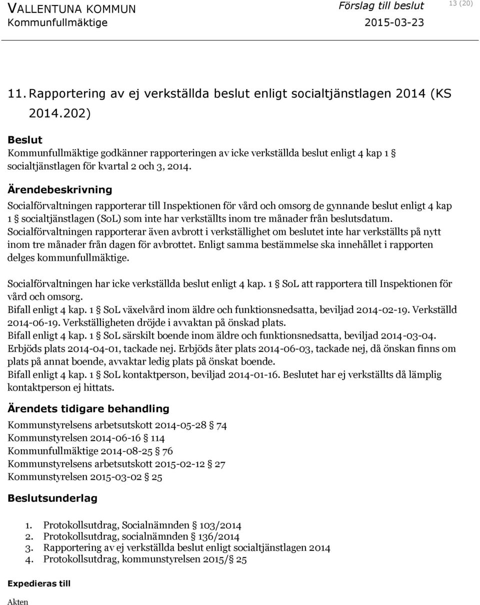 Ärendebeskrivning Socialförvaltningen rapporterar till Inspektionen för vård och omsorg de gynnande beslut enligt 4 kap 1 socialtjänstlagen (SoL) som inte har verkställts inom tre månader från