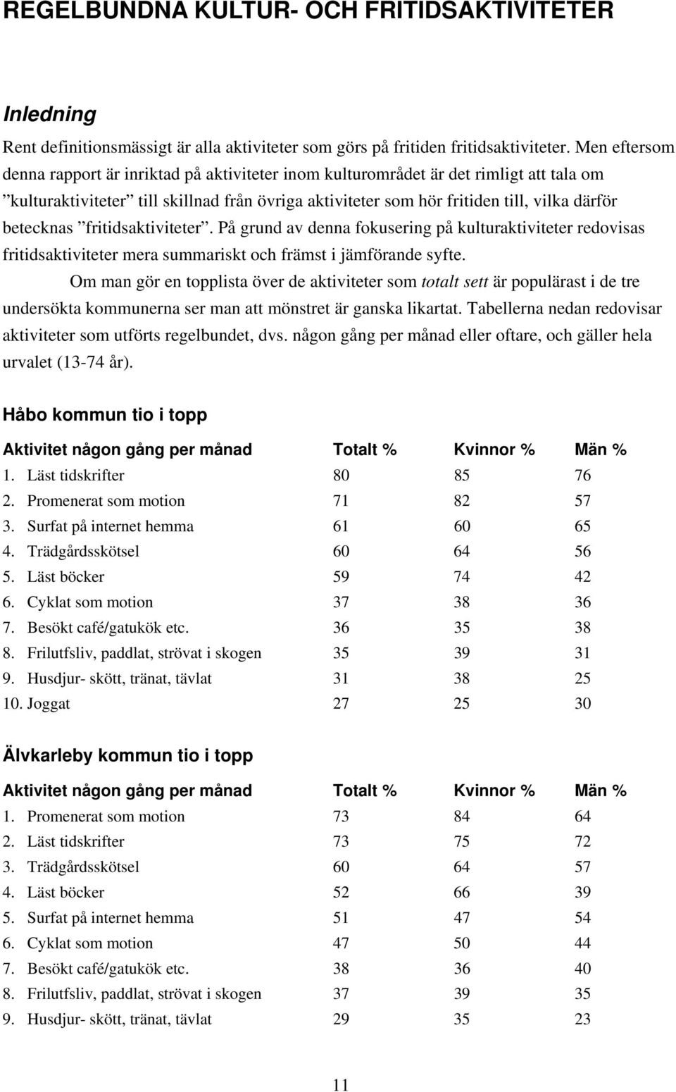 betecknas fritidsaktiviteter. På grund av denna fokusering på kulturaktiviteter redovisas fritidsaktiviteter mera summariskt och främst i jämförande syfte.