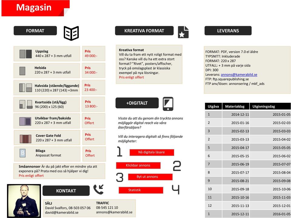 enligt offert FORMAT: PDF, version 7.0 el äldre TYPSNITT: Inkluderade FORMAT: 220 x 287 UTFALL: + 3 mm på varje sida DPI: 300 Leverans: annons@kamerabild.se FTP: ftp.squarepublishing.