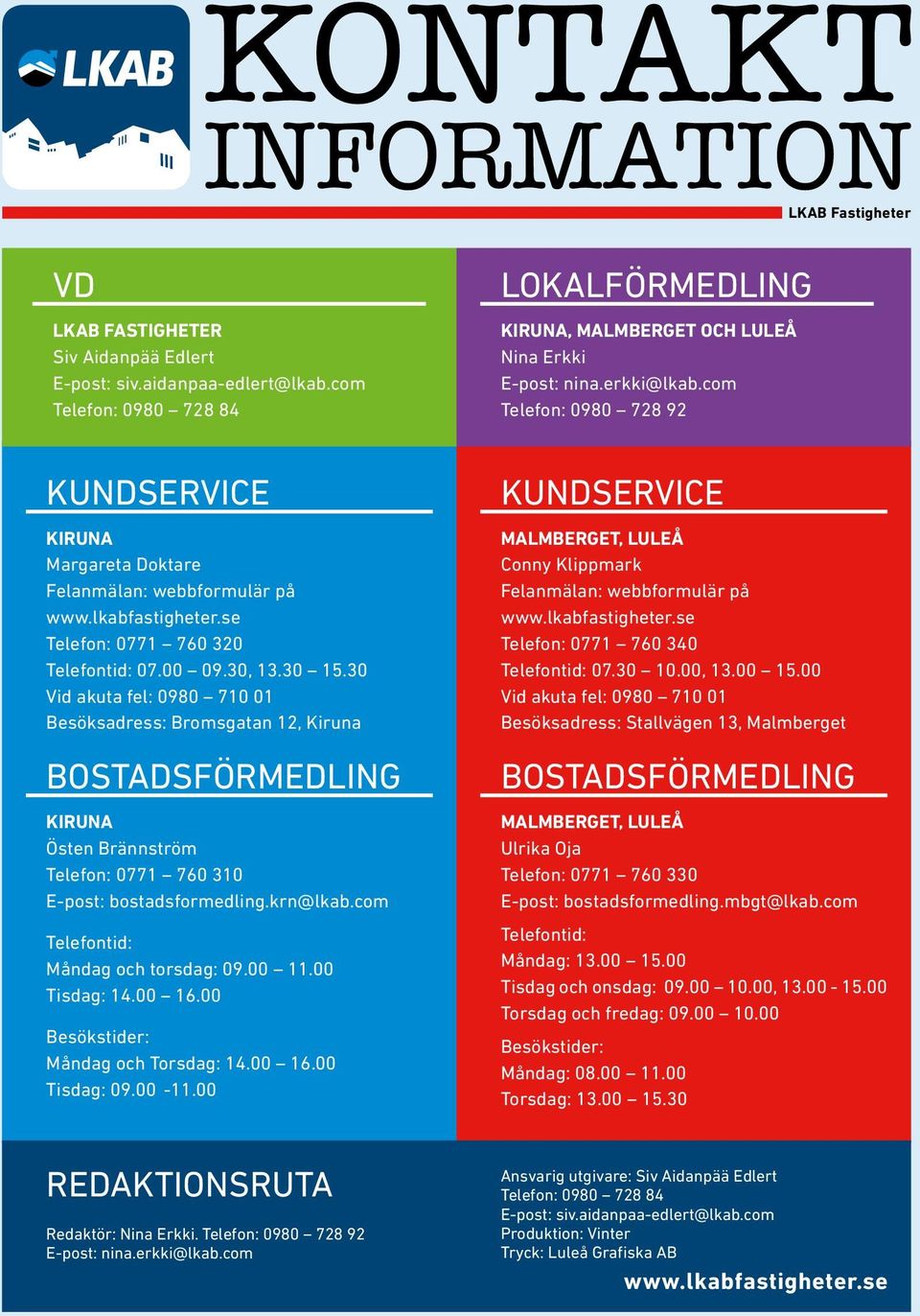 00 11.00 Tisdag: 14.00 16.00 Besökstider: Måndag och Torsdag: 14.00 16.00 Tisdag: 09.00-11.00 Lokalförmedling Kiruna, Malmberget och Luleå Nina Erkki E-post: nina.