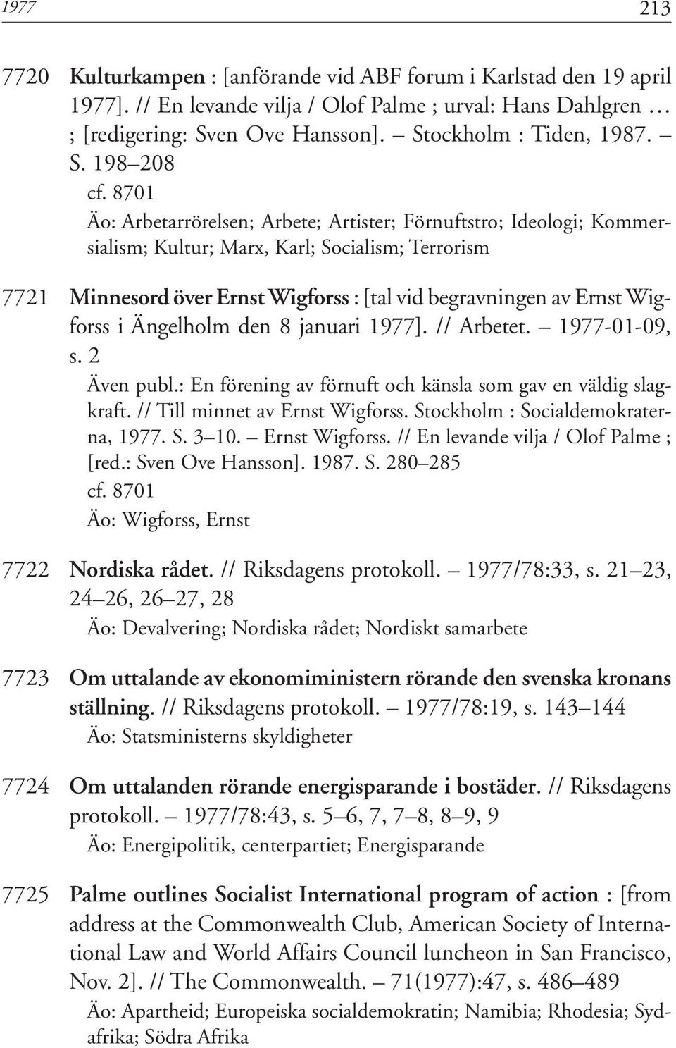 8701 Äo: Arbetarrörelsen; Arbete; Artister; Förnuftstro; Ideologi; Kommersialism; Kultur; Marx, Karl; Socialism; Terrorism 7721 Minnesord över Ernst Wigforss : [tal vid begravningen av Ernst Wigforss