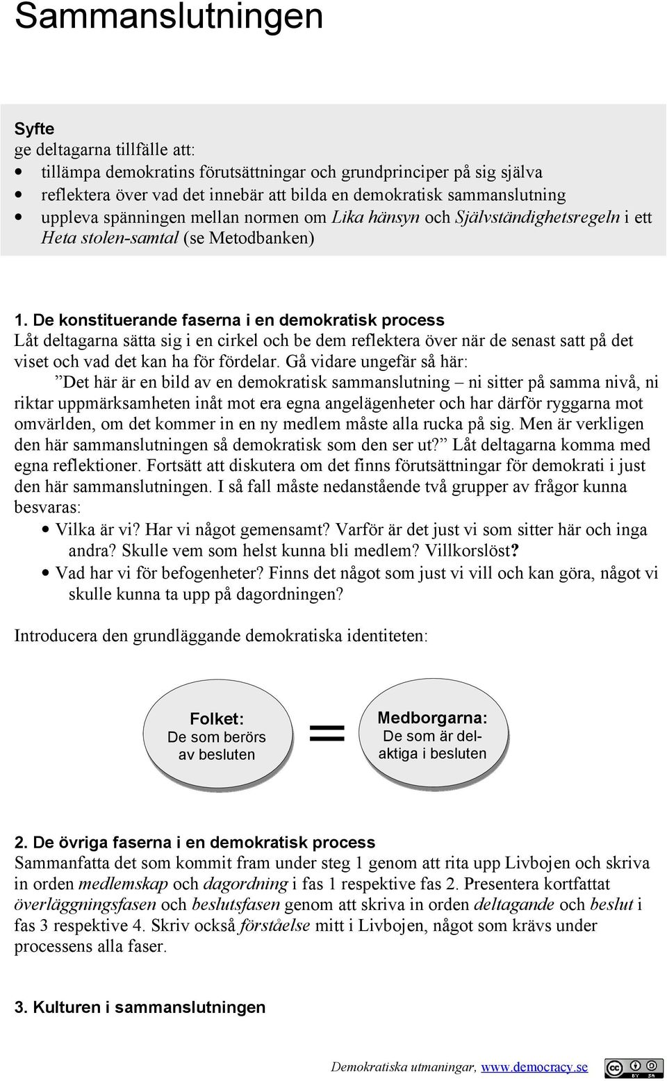 De konstituerande faserna i en demokratisk process Låt deltagarna sätta sig i en cirkel och be dem reflektera över när de senast satt på det viset och vad det kan ha för fördelar.