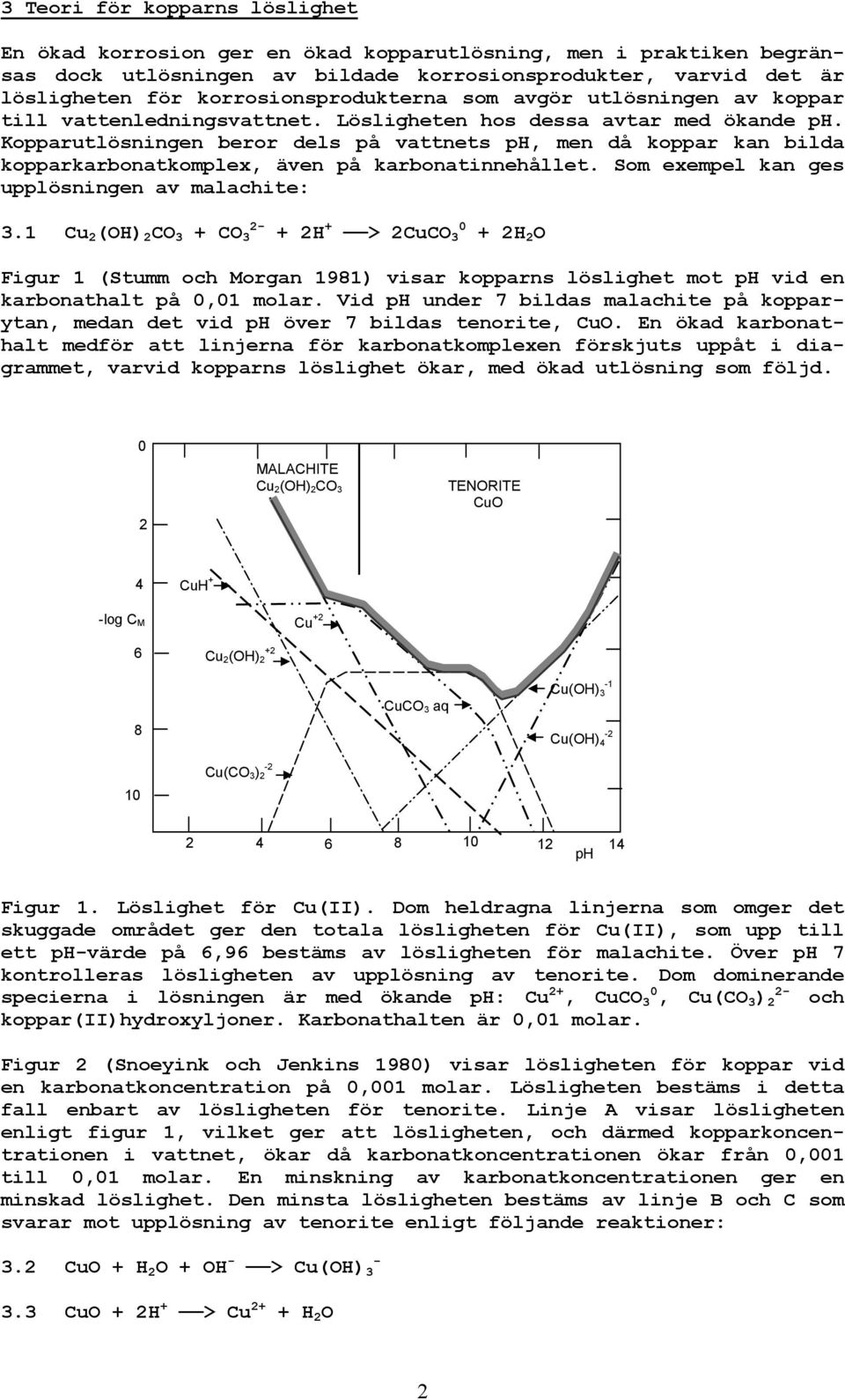 Kopparutlösningen beror dels på vattnets ph, men då koppar kan bilda kopparkarbonatkomplex, även på karbonatinnehållet. Som exempel kan ges upplösningen av malachite: 3.