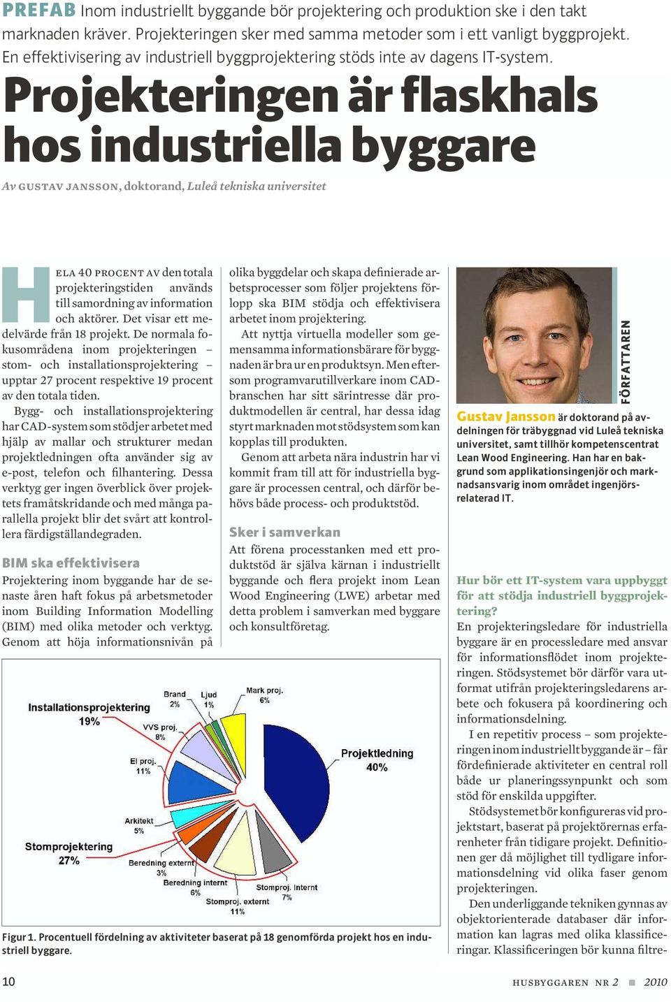 Projekteringen är flaskhals hos industriella byggare Av gustav jansson, doktorand, Luleå tekniska universitet Hela 40 procent av den totala projekteringstiden används till samordning av information