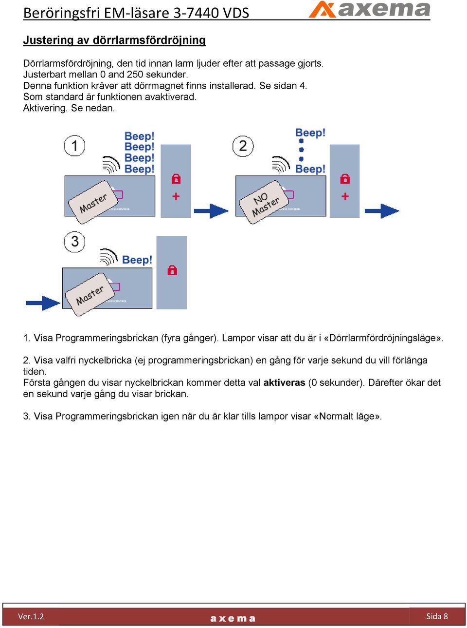 Lampor visar att du är i «Dörrlarmfördröjningsläge». 2. Visa valfri nyckelbricka (ej programmeringsbrickan) en gång för varje sekund du vill förlänga tiden.