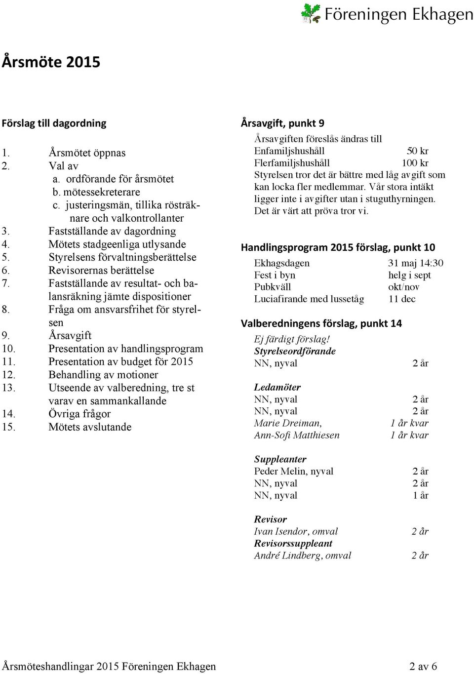 Fråga om ansvarsfrihet för styrelsen 9. Årsavgift 10. Presentation av handlingsprogram 11. Presentation av budget för 2015 12. Behandling av motioner 13.