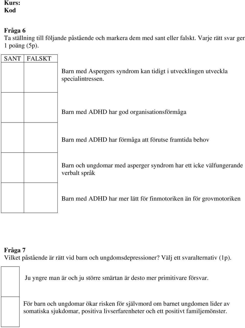 Barn med ADHD har god organisationsförmåga Barn med ADHD har förmåga att förutse framtida behov Barn och ungdomar med asperger syndrom har ett icke välfungerande verbalt språk Barn med ADHD har