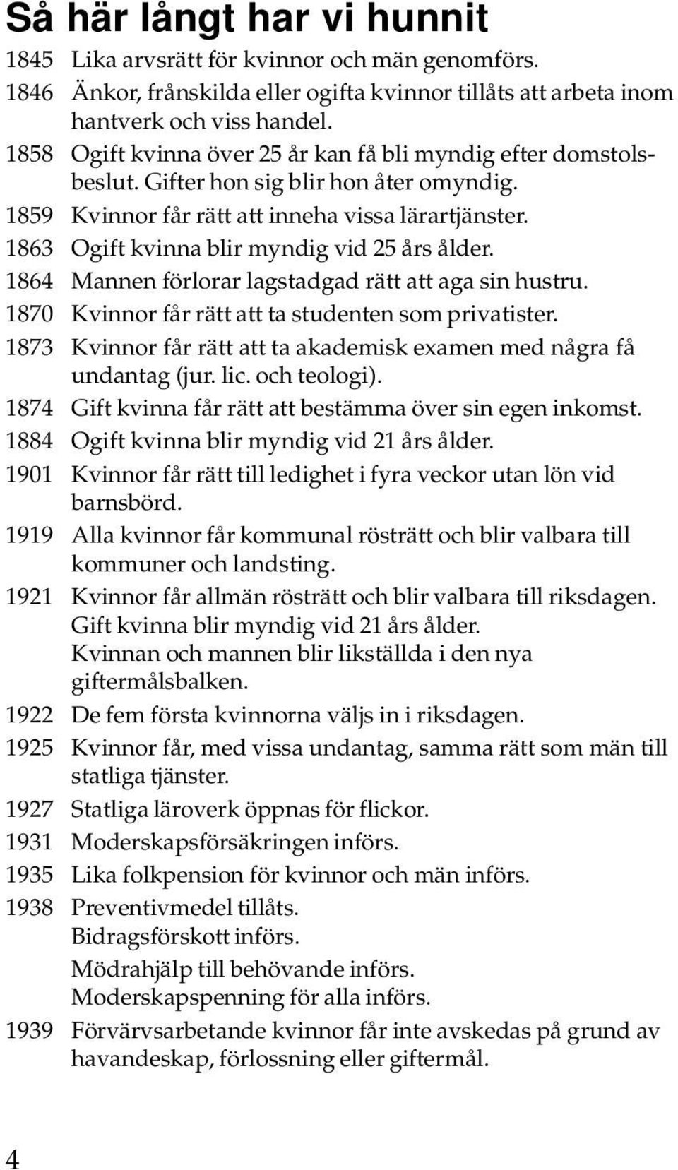 1863 Ogift kvinna blir myndig vid 25 års ålder. 1864 Mannen förlorar lagstadgad rätt att aga sin hustru. 1870 Kvinnor får rätt att ta studenten som privatister.