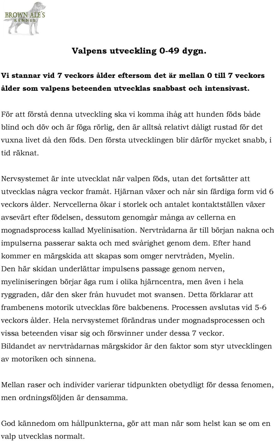 Den första utvecklingen blir därför mycket snabb, i tid räknat. Nervsystemet är inte utvecklat när valpen föds, utan det fortsätter att utvecklas några veckor framåt.