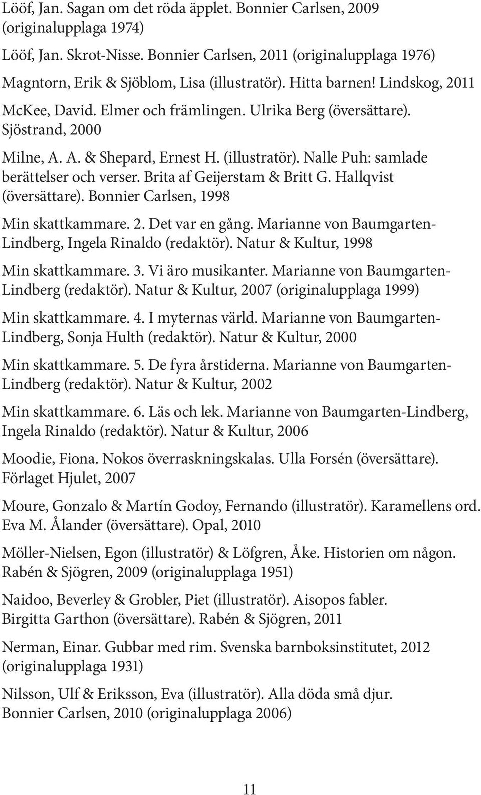 Brita af Geijerstam & Britt G. Hallqvist (översättare). Bonnier Carlsen, 1998 Min skattkammare. 2. Det var en gång. Marianne von Baumgarten- Lindberg, Ingela Rinaldo (redaktör).