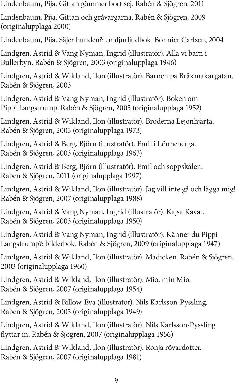 Barnen på Bråkmakargatan. Rabén & Sjögren, 2003 Lindgren, Astrid & Vang Nyman, Ingrid (illustratör). Boken om Pippi Långstrump.