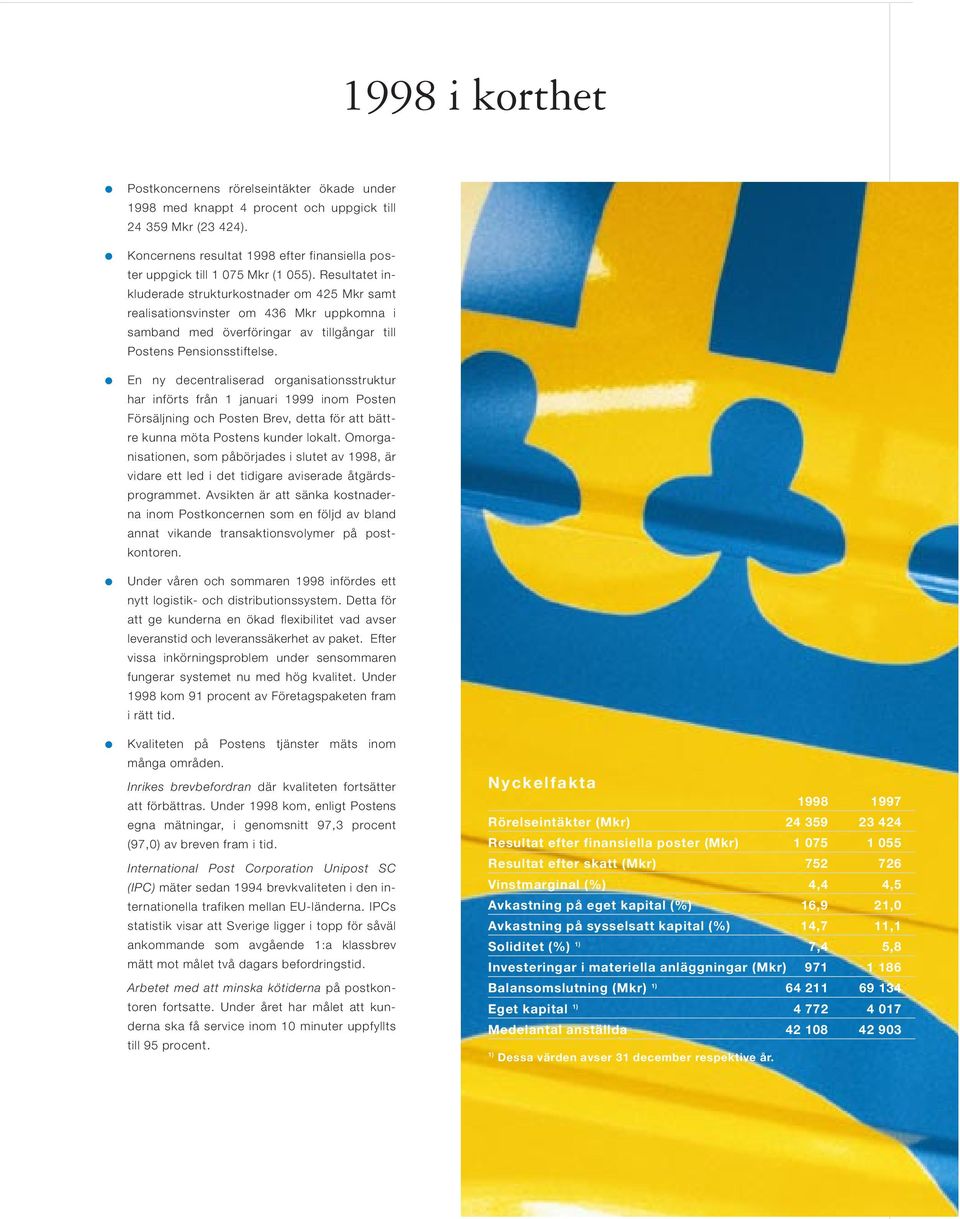 En ny decentraliserad organisationsstruktur har införts från 1 januari 1999 inom Posten Försäljning och Posten Brev, detta för att bättre kunna möta Postens kunder lokalt.