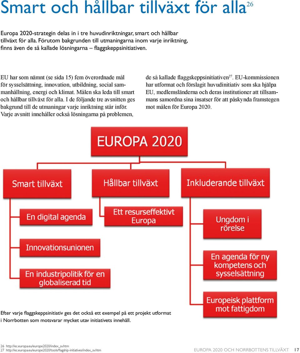 EU har som nämnt (se sida 15) fem överordnade mål för sysselsättning, innovation, utbildning, social sammanhållning, energi och klimat. Målen ska leda till smart och hållbar tillväxt för alla.