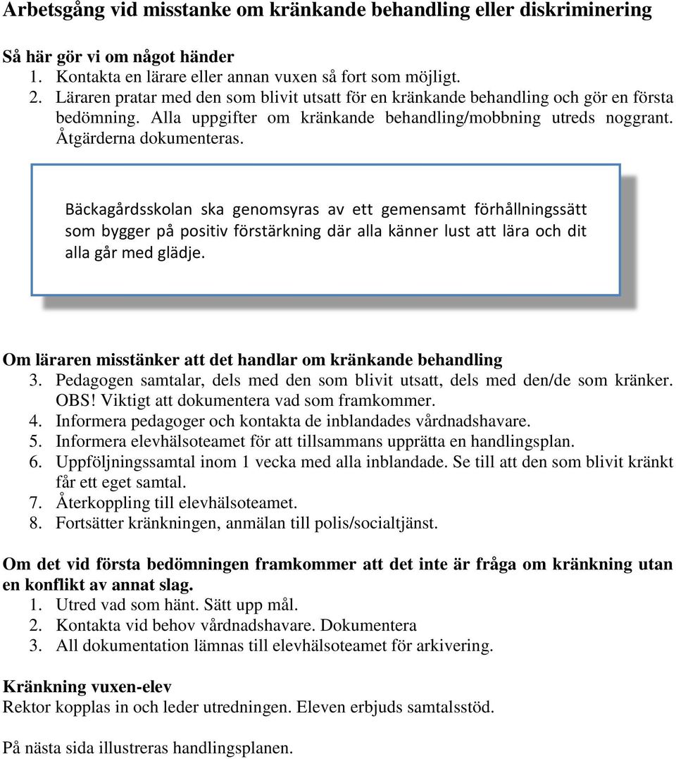 Bäckagårdsskolan ska genomsyras av ett gemensamt förhållningssätt som bygger på positiv förstärkning där alla känner lust att lära och dit alla går med glädje.